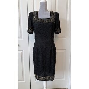 Vintage Stenay Black Gold Short-sleeve Sequin Beaded Sz 6 Cocktail Silk Dress